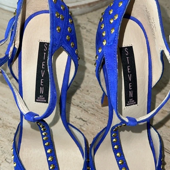 STEVEN Steve Madden ASTRRO Blue Gold Studded Leather Suede Stiletto heel Sz 8.5 - Picture 17 of 17